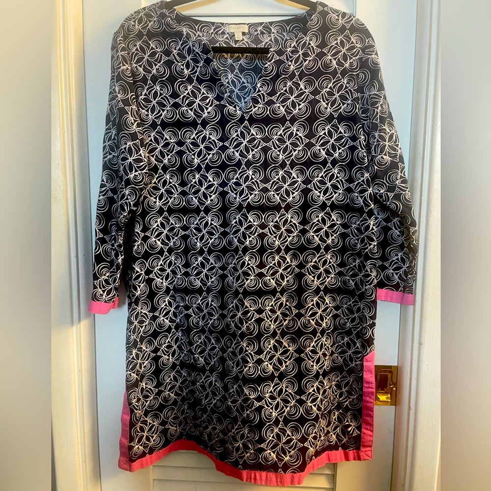 Talbots Size M Tunic Dress/Swim Coverup Seashell Kaleidoscope Print Pink Trim